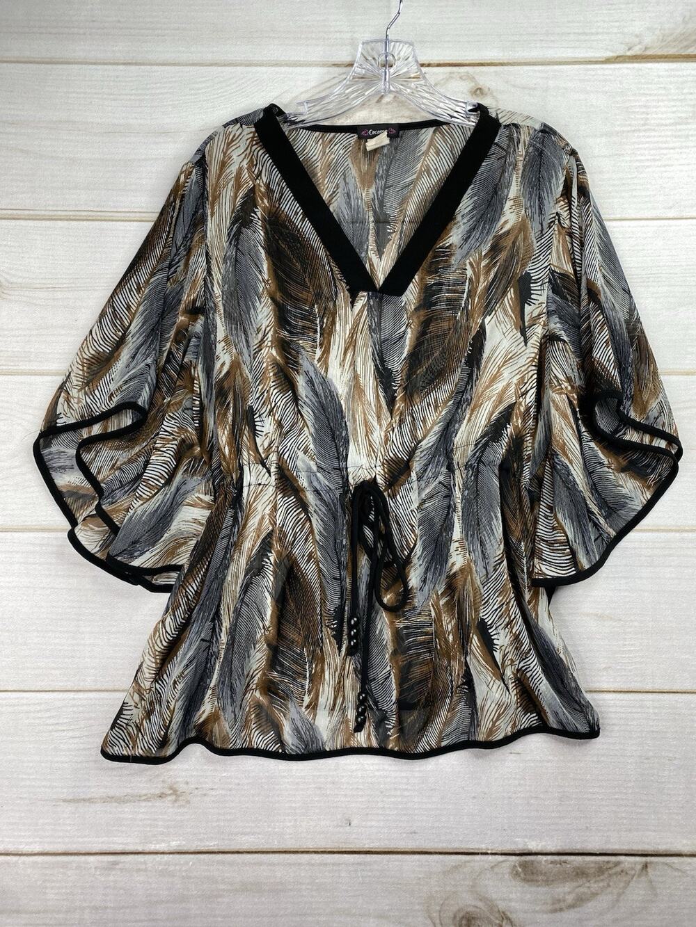 Cocomo Sheer Blouse Womens L Neck Feathers Elastic Tie Waist Boho Y2K 90s